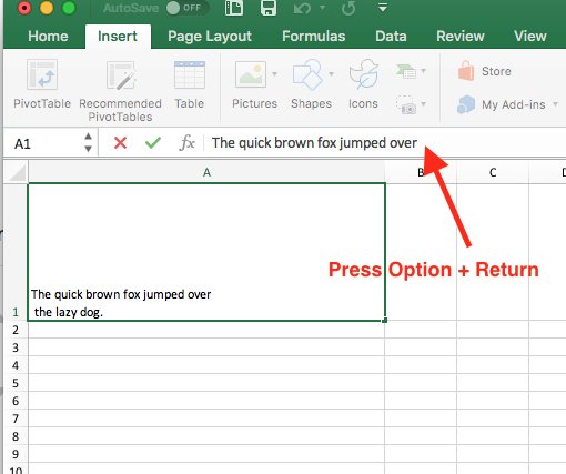 add a line break in an excel cell for mac